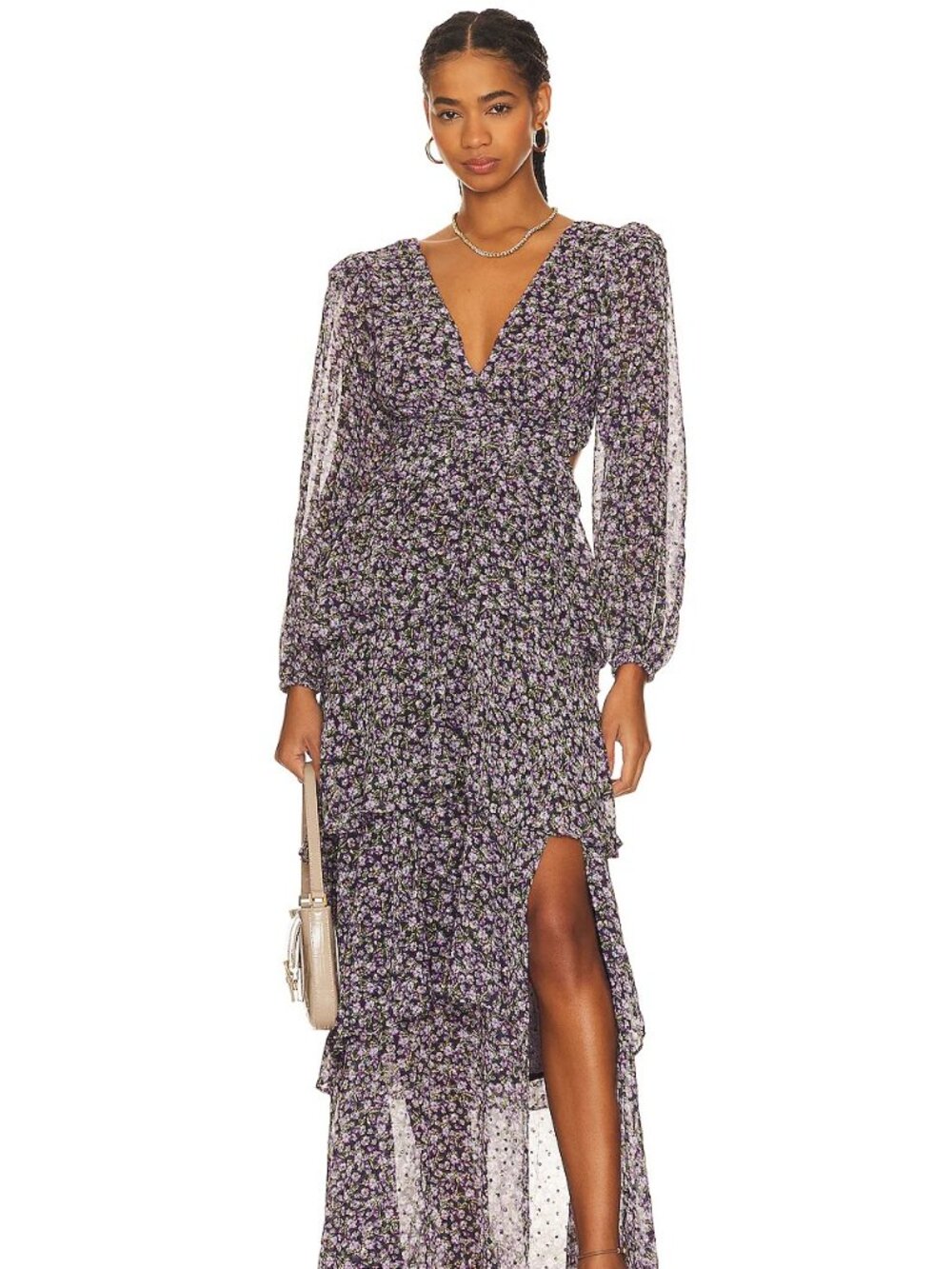 Astr Black and Purple Floral Ruffle Maxi Dress